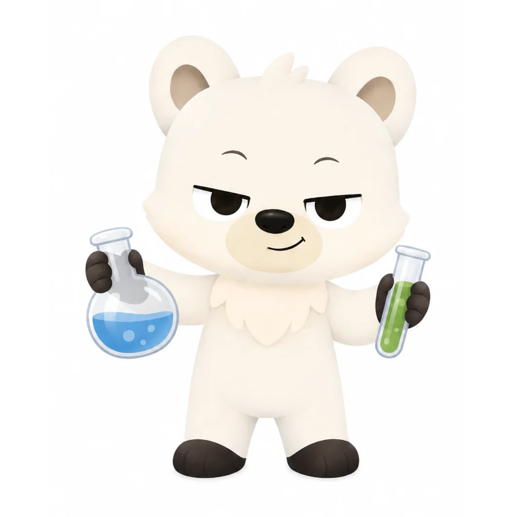 Star the polar bear holding chemistry glassware